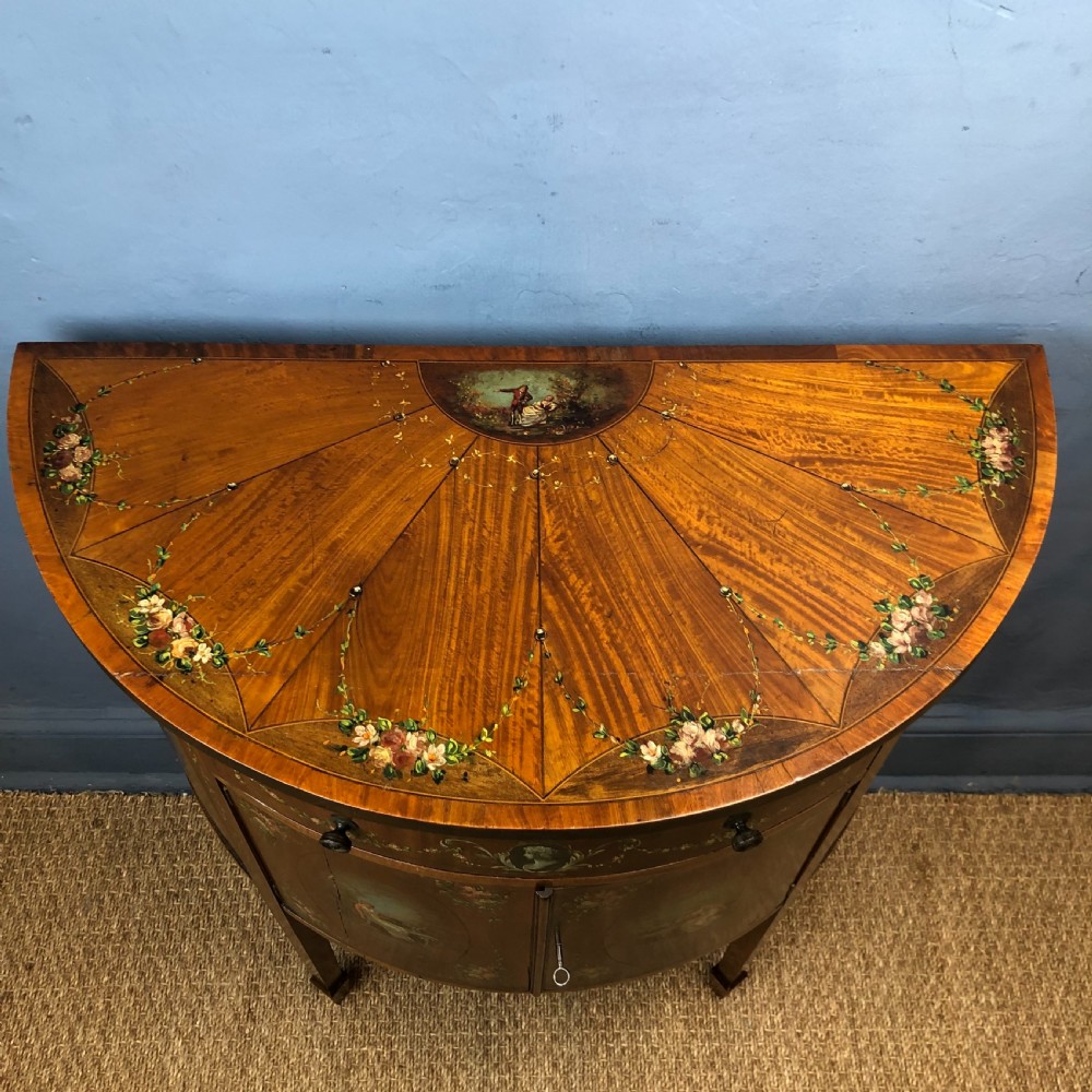 A late Victorian satinwood and painted demi lune commode circa 1890 View IV