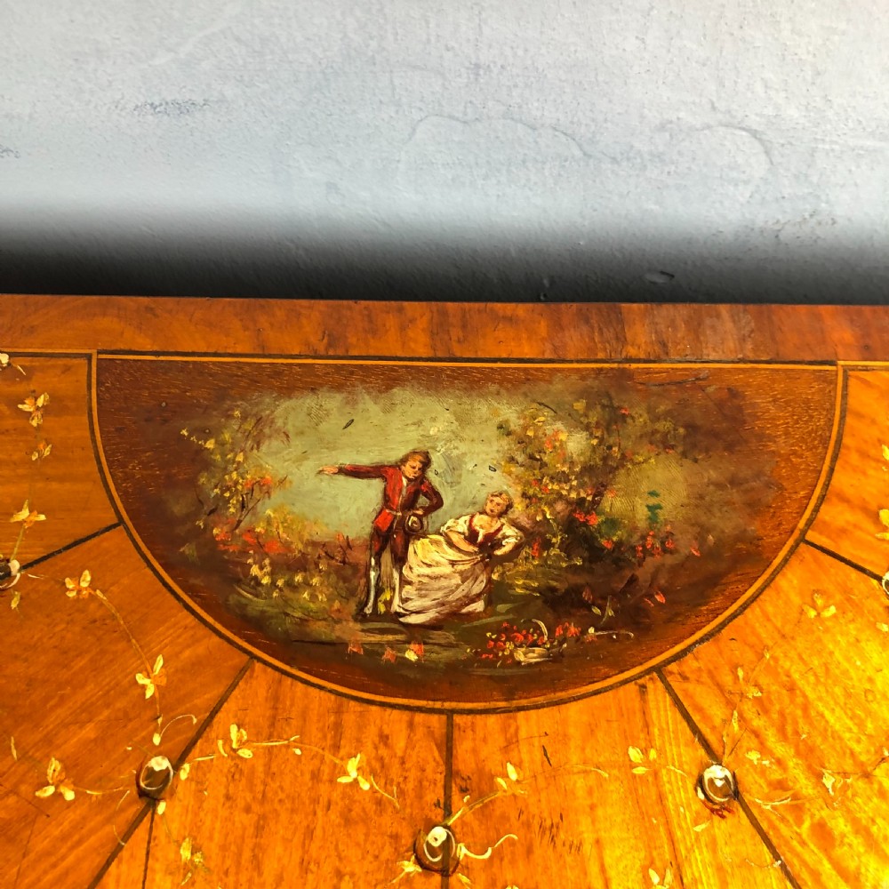 A late Victorian satinwood and painted demi lune commode circa 1890 View V