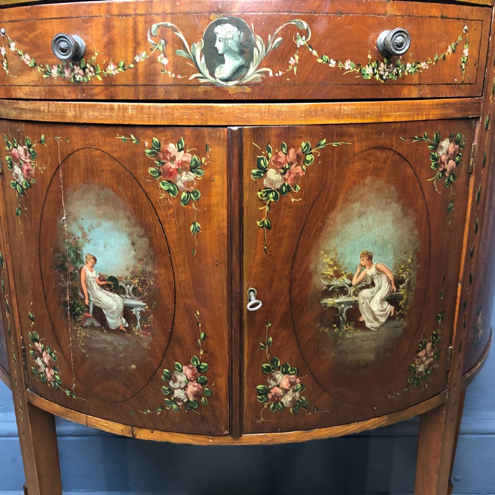 A late Victorian satinwood and painted demi lune commode circa 1890 View VI
