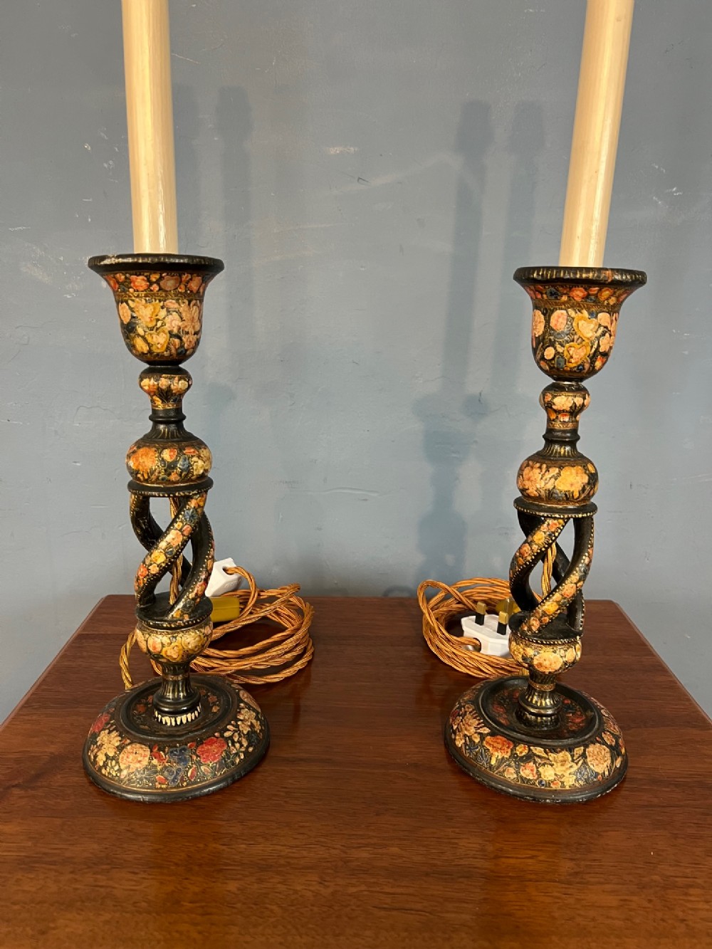 A pair of early 20th c Kashmiri twist table lamps circa 1910 