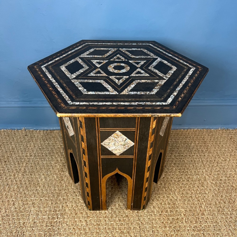 A late 19th c Syrian inlaid mother of pearl Ebony and boxwood hexagonal table circa 1890.
