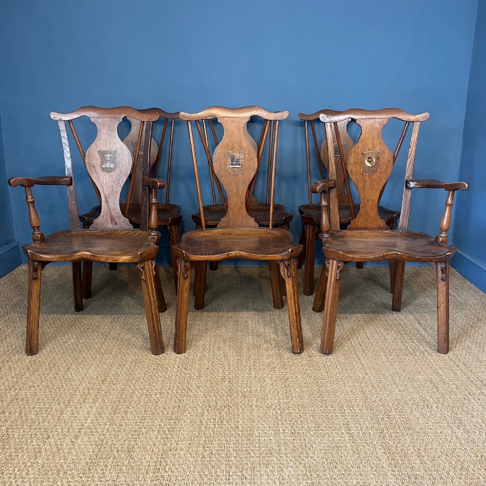 A set of 6 19th c Oak Armorial Hall Chairs circa 1890 