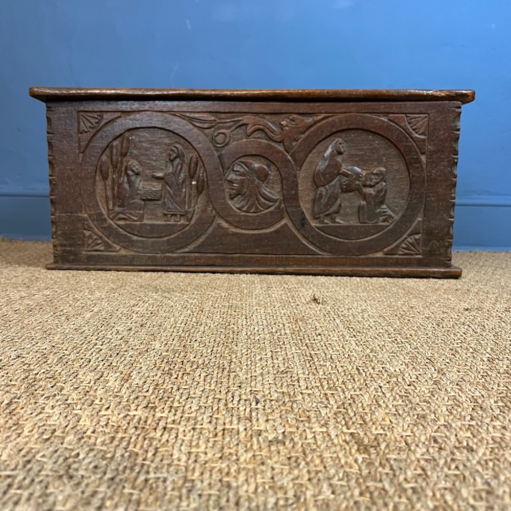 A 17th c Flemish carved oak coffer circa 1650 