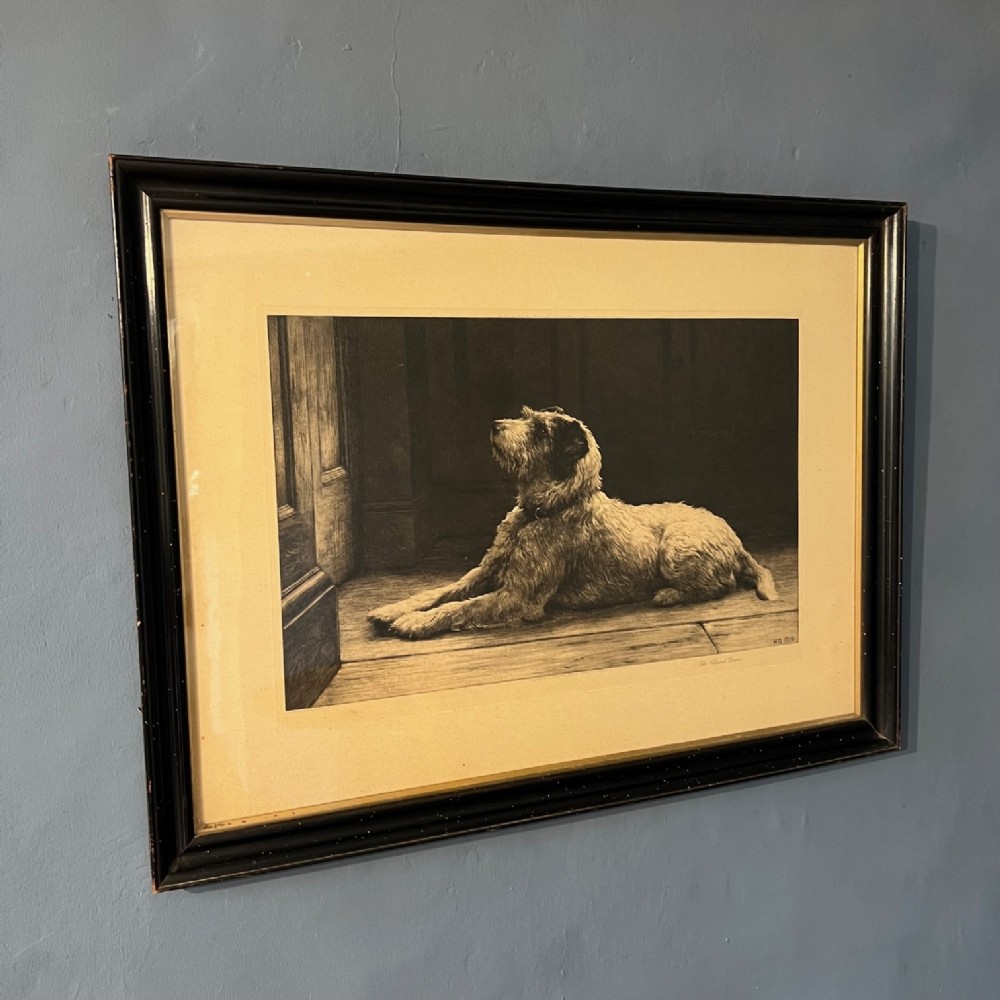 Herbert Dicksee. An early 20th c dry point etching of a Dog entitled The Closed Door