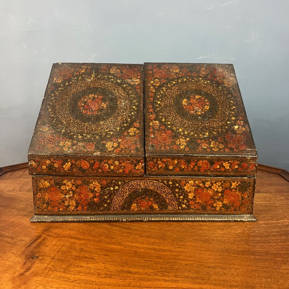 A late 19th century Kashmiri lacquer and painted  stationery box circa 1890 
