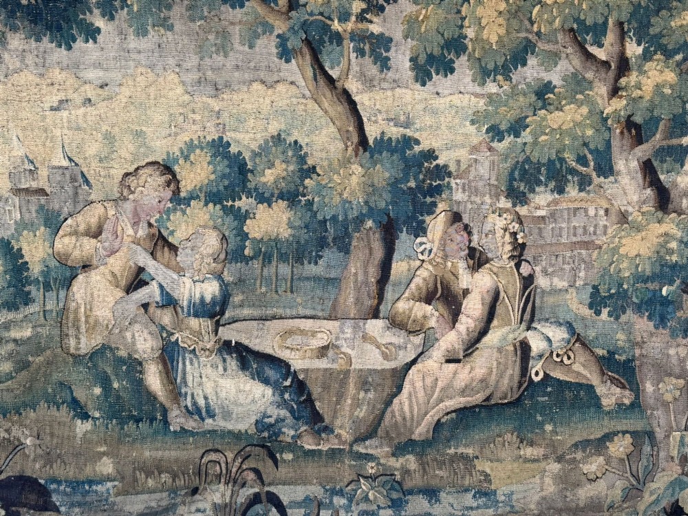 An enormous late 17th c Louis IV Aubusson Verdure Tapestry circa 1690 in excellent original condition uncut and in its original borders. View VI