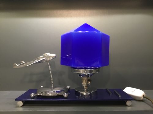 A Superb Art Deco Lamp with a Model of a Chrome Aeroplane.