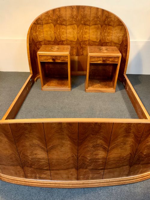 A French Art Deco Bed and a Pair of Matching Bedside Cabinets