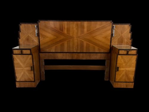 Art Deco Bed with Attached Bedside Cabinets