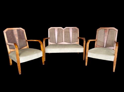 Art Deco Three Piece Bergere Sofa and Two Armchairs