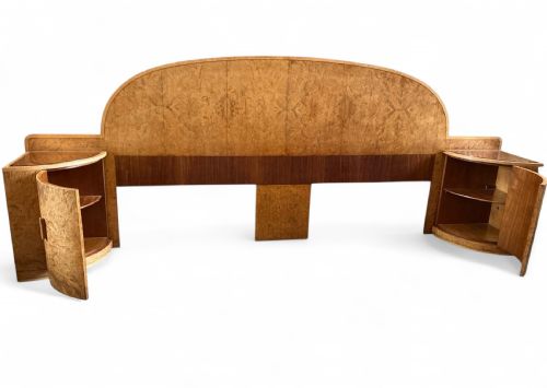 fig 1. An Art Deco blonde burr walnut six foot headboard with a large arched central panel and attached curved bedside cabinets on each side.