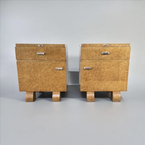 fig 1. A pair of 1930s Art Deco bedside cabinets crafted from golden birds eye maple veneer with glass tops and chrome handles.