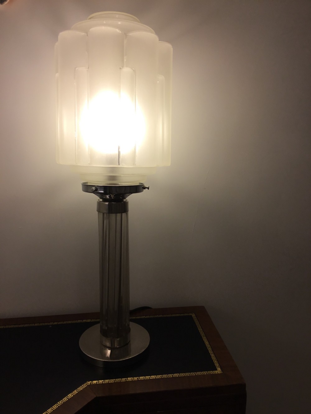 A Striking Art Deco, Glass and chrome table light by Kaza, France.