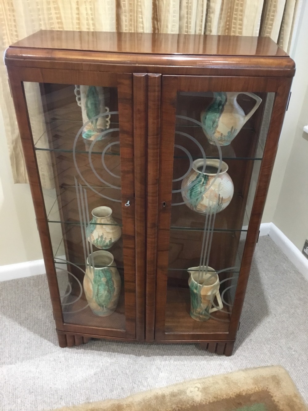 A Good Quality Art Deco Walnut Display Cabinet