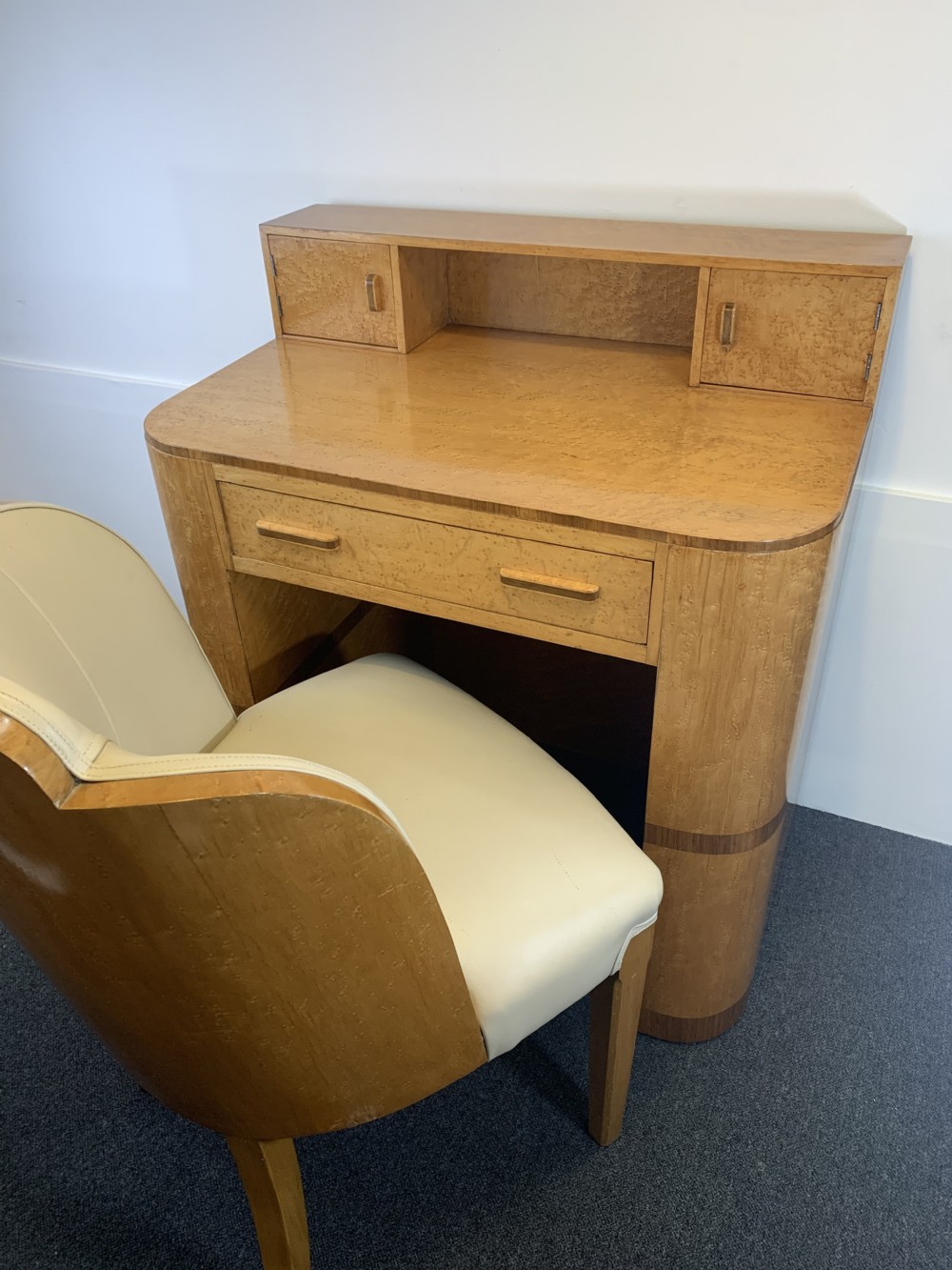 Art Deco Birds Eye Maple Desk and Epstein Chair.