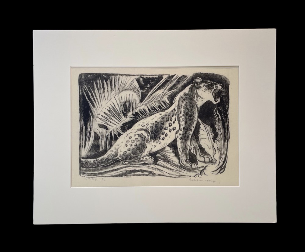 A monochrome Art Deco lithograph depicting a snarling spotted big cat among stylised jungle foliage, presented in a white window mount.