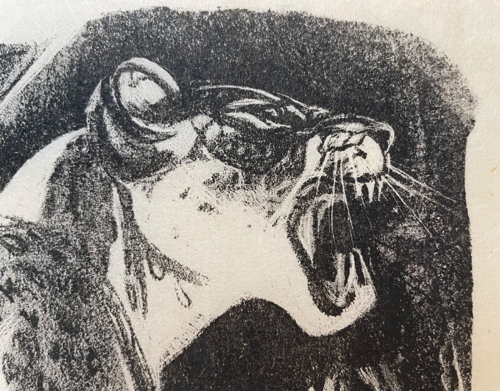 A monochrome Art Deco lithograph depicting a snarling spotted big cat among stylised jungle foliage, presented in a white window mount. View IV