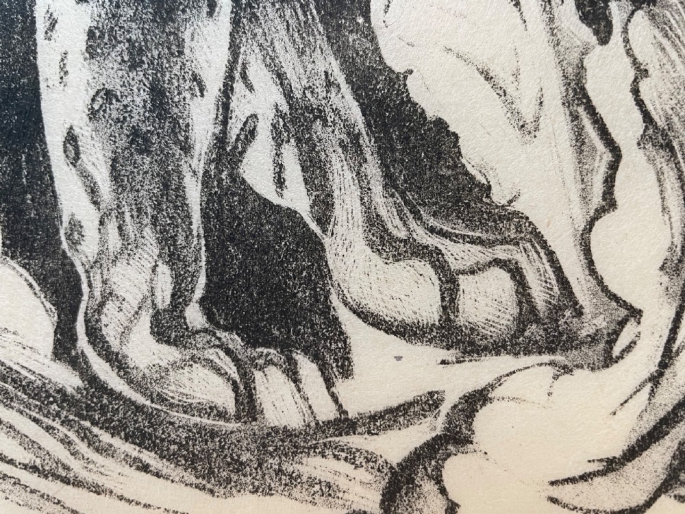 A monochrome Art Deco lithograph depicting a snarling spotted big cat among stylised jungle foliage, presented in a white window mount. View VI