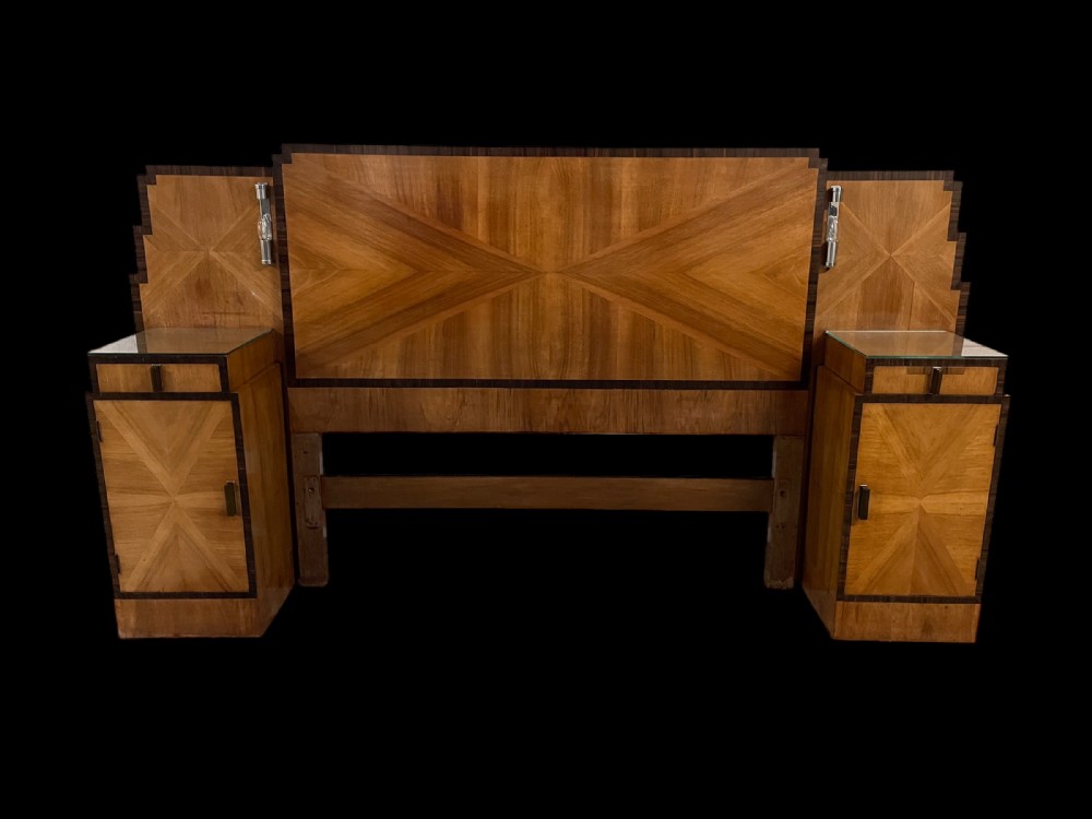 Art Deco Bed with attached Bedside Cabinets