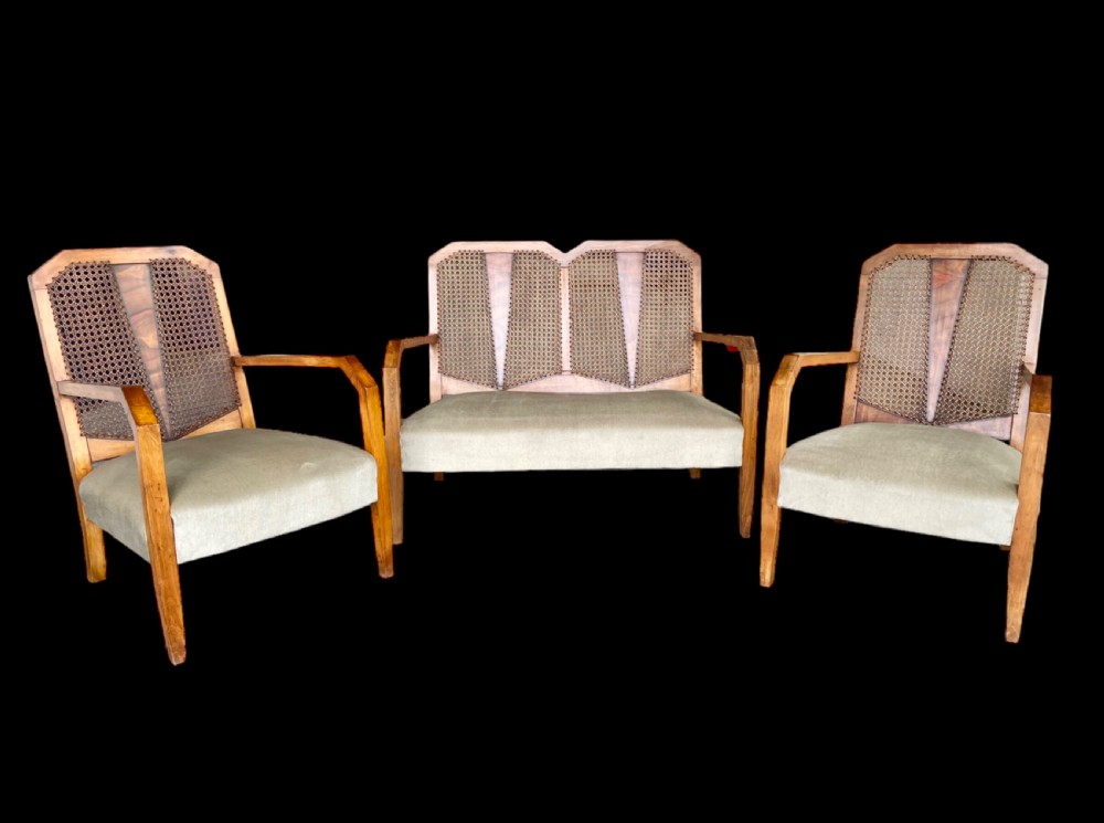 Art Deco Three Piece Bergere Sofa and Two Armchairs