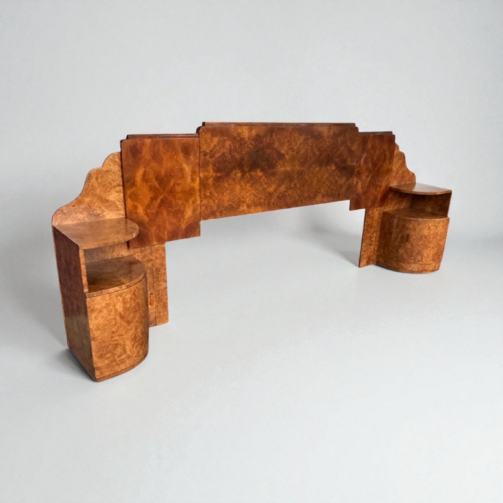 Art Deco pair of bedside tables and attached headboard by Harry and Lou Epstein