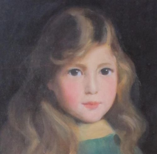 fig 1. A 1921 oil portrait painting depicting a young girl with long wavy hair wearing a teal garment against a dark background.