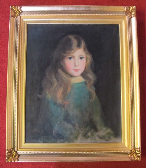 fig 2. A 1921 oil portrait painting depicting a young girl with long wavy hair wearing a teal garment against a dark background.