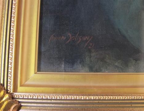 fig 3. A 1921 oil portrait painting depicting a young girl with long wavy hair wearing a teal garment against a dark background.