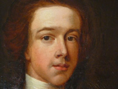 fig 2. An 18th-century oil painting depicting a young man in Georgian attire set within an oval aperture inside a gilded rectangular frame.