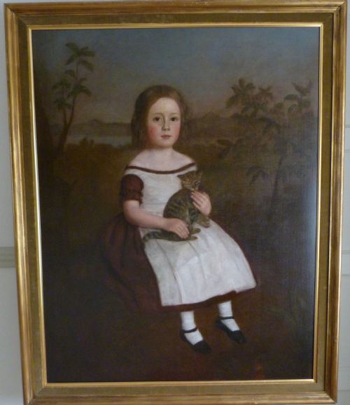 Sold...portrait of a Young Girl and Her Pet Cat C.1850; English School.