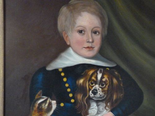 PORTRAIT OF A BOY WITH HIS PETS C1850 PROVINCIAL ENGLISH SCHOOL - ADDITIONAL PHOTO 1