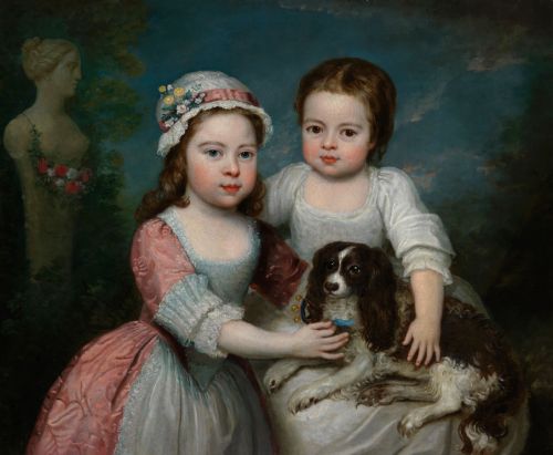 Portrait of Two Young Girls and Their Spaniel C. 1770, Circle of Charles Willson Peale.

