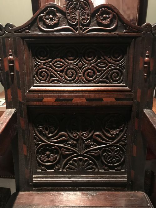 fig 1. Inlaid and carved oak wainscot chair c.1650 and later.