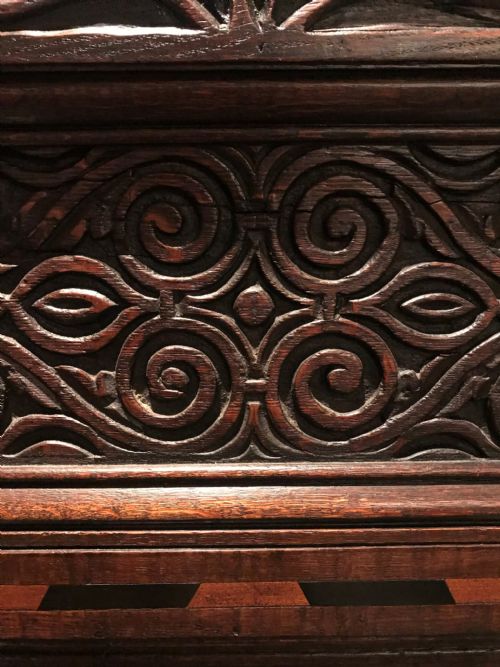 fig 3. Inlaid and carved oak wainscot chair c.1650 and later.