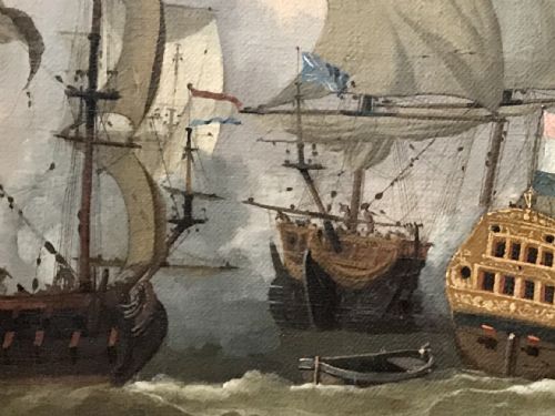 fig 1. An antique seventeenth-century oil painting depicting Dutch warships engaged in a sea battle, housed within a wide marbled frame.