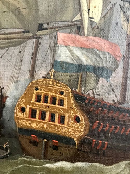 fig 2. An antique seventeenth-century oil painting depicting Dutch warships engaged in a sea battle, housed within a wide marbled frame.