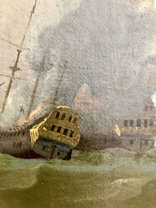 fig 4. An antique seventeenth-century oil painting depicting Dutch warships engaged in a sea battle, housed within a wide marbled frame.