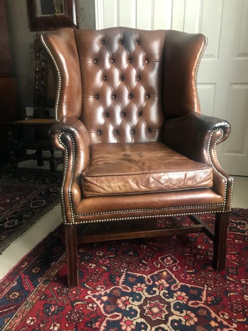 18th Century Style Leather and Mahogany Wing Chair, Early 20th Century.