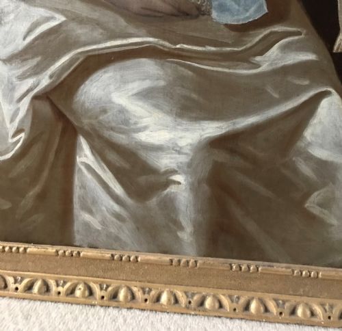 fig 1. An early 18th-century oil painting depicting two young sisters in silk dresses set against a dark landscape within a gold leaf frame.