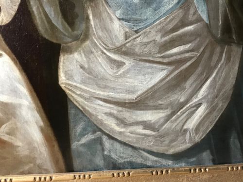 fig 3. An early 18th-century oil painting depicting two young sisters in silk dresses set against a dark landscape within a gold leaf frame.