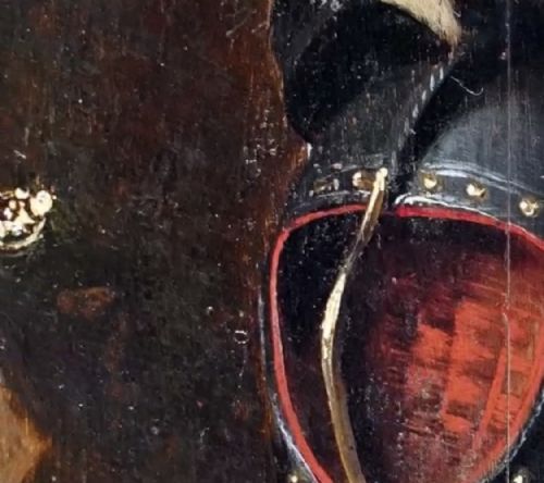 fig 3. A full-length oil portrait depicting a 17th-century military commander standing beside a plumed helmet, set within a dark timber frame with a gold slip.
