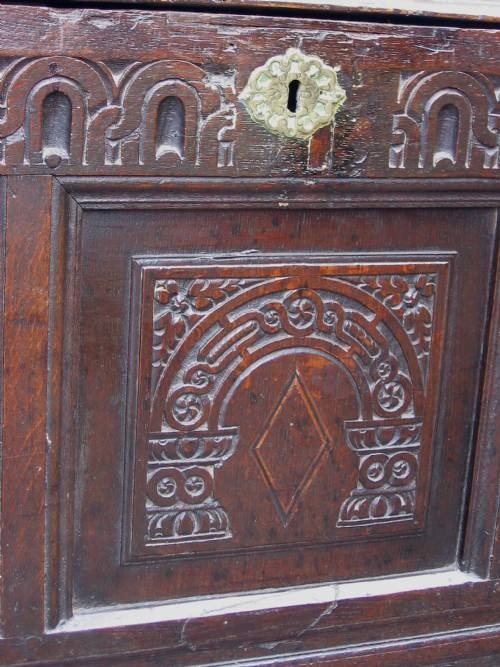 fig 1. Carved and inlaid oak coffer c.1630
