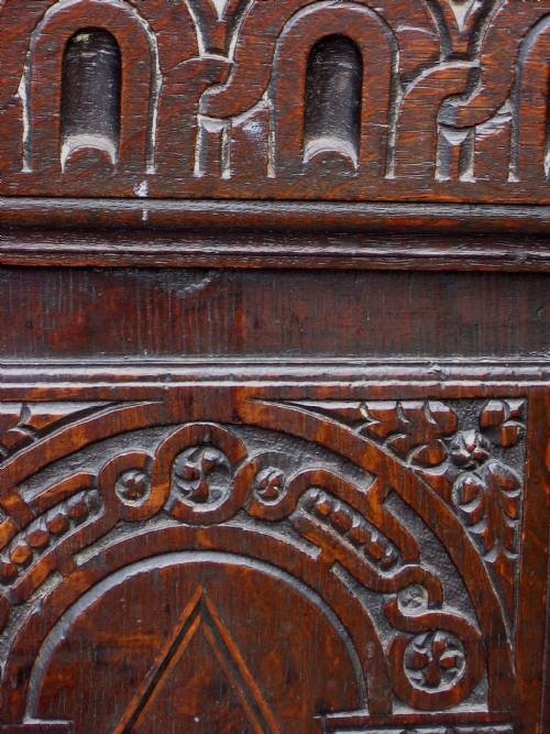 fig 2. Carved and inlaid oak coffer c.1630
