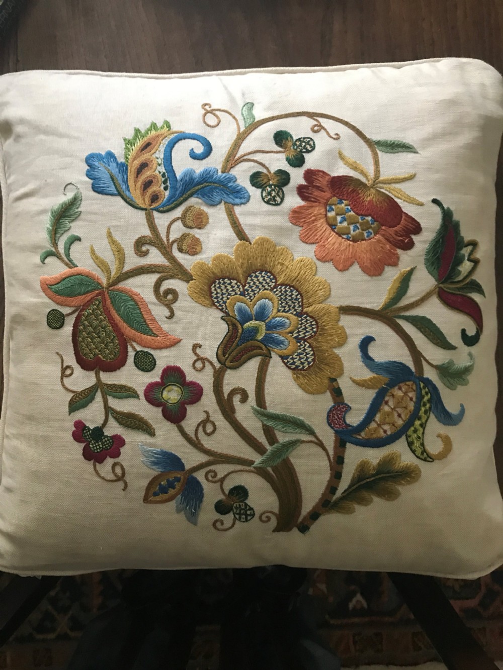 Fine needlework cushion c.1920 in Jacobean style.