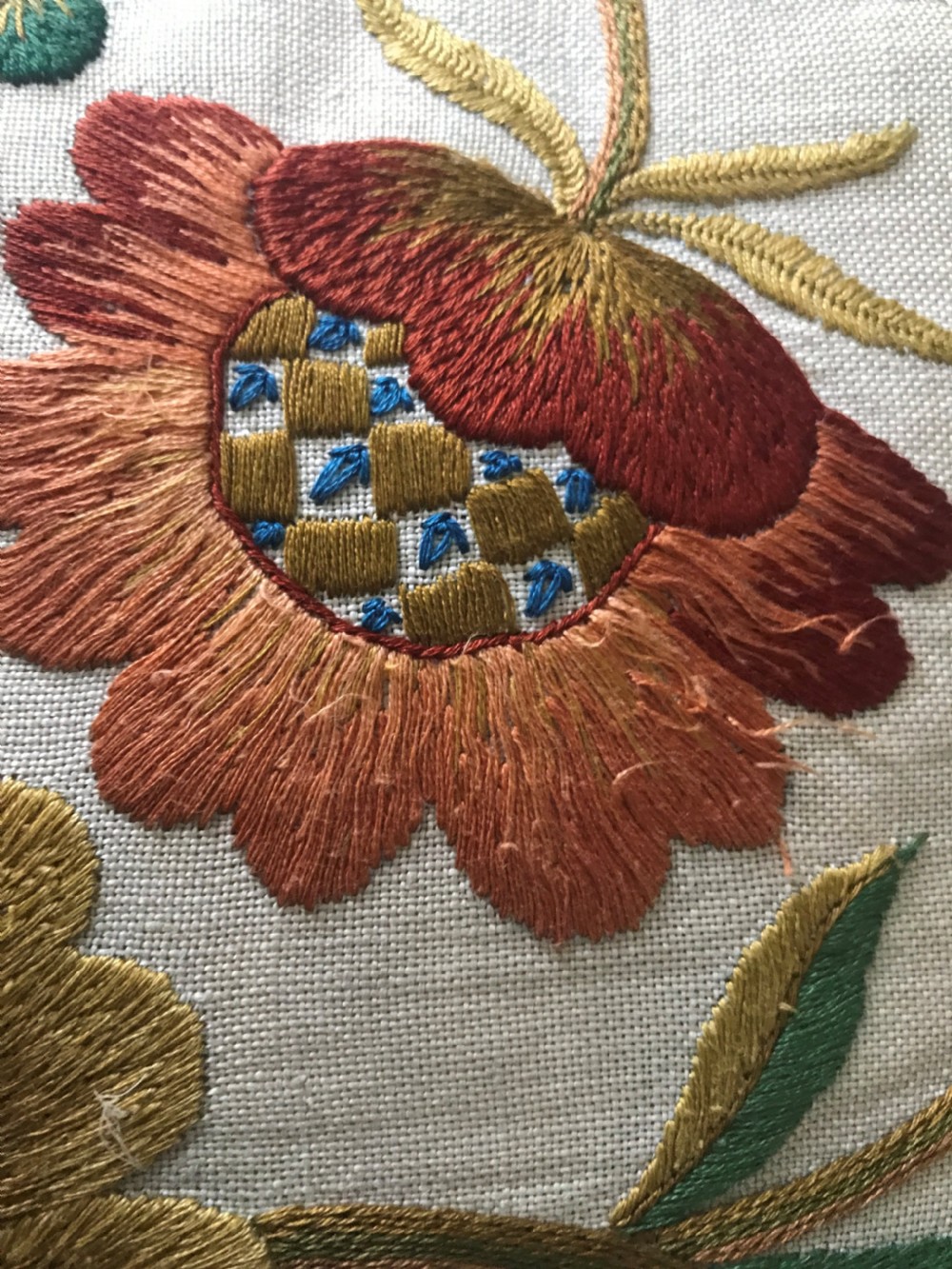 Fine needlework cushion c.1920 in Jacobean style. View II