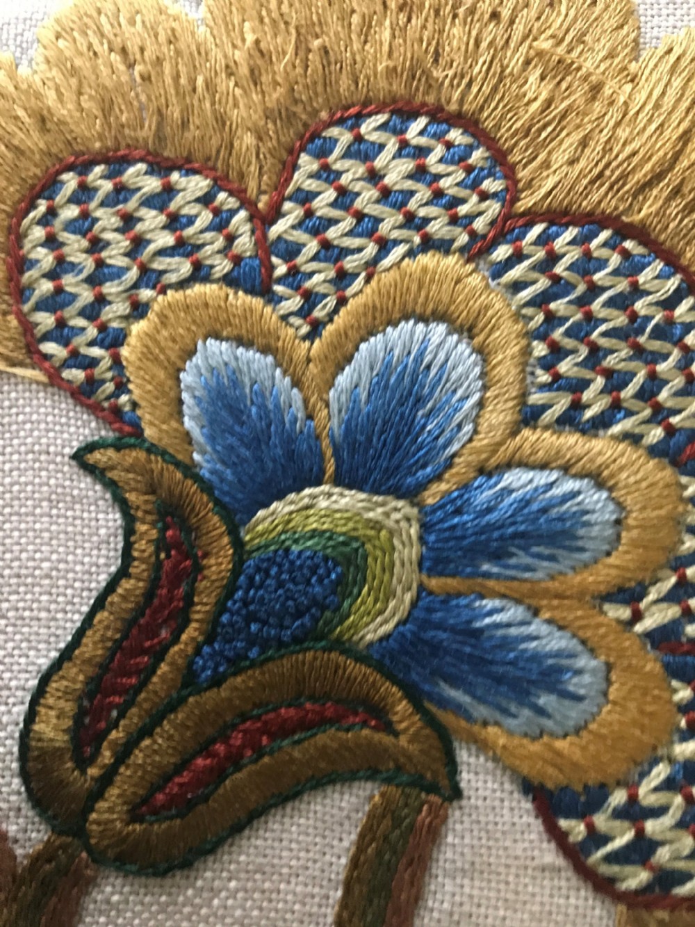 Fine needlework cushion c.1920 in Jacobean style. View III