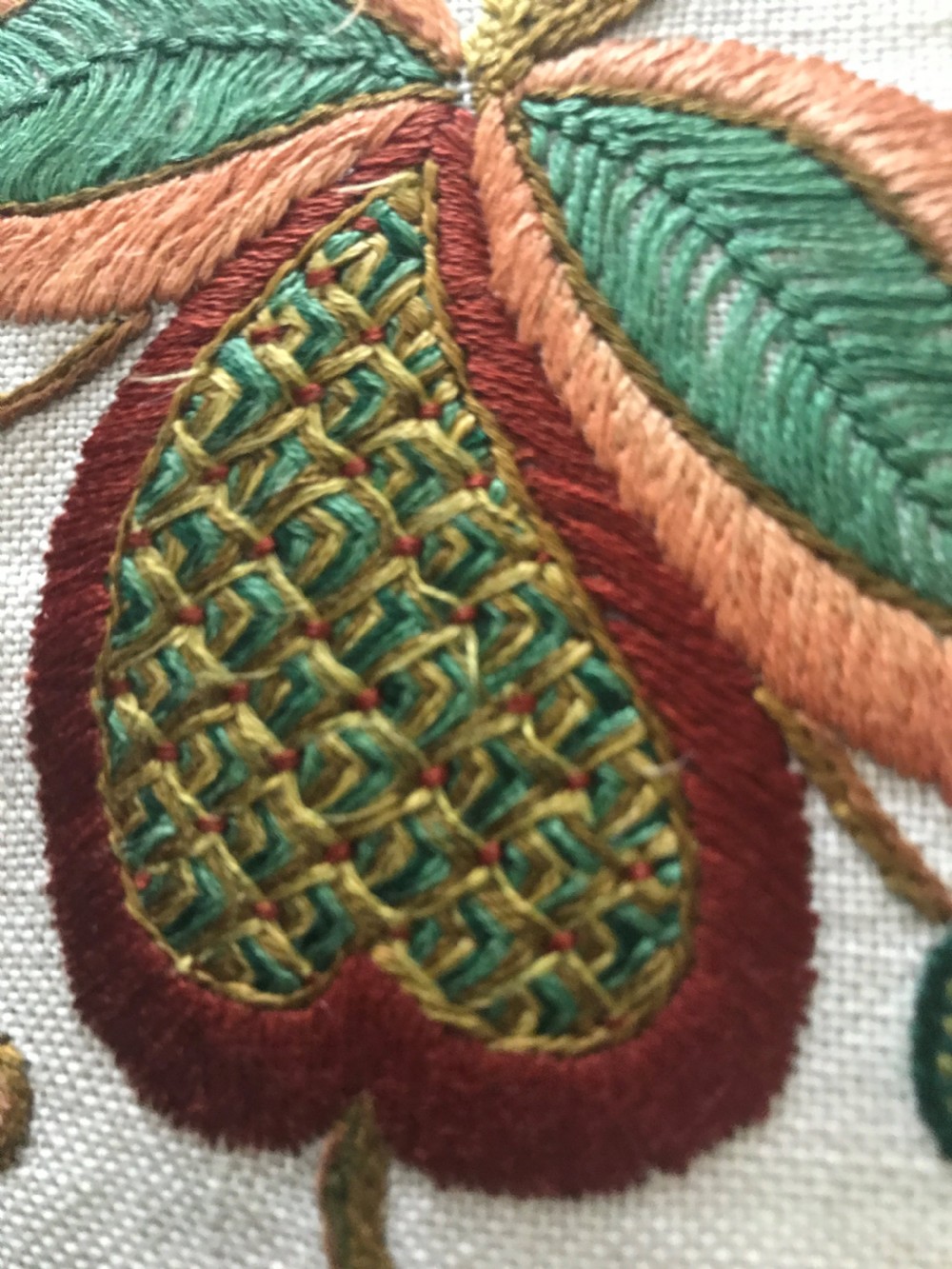 Fine needlework cushion c.1920 in Jacobean style. View IV