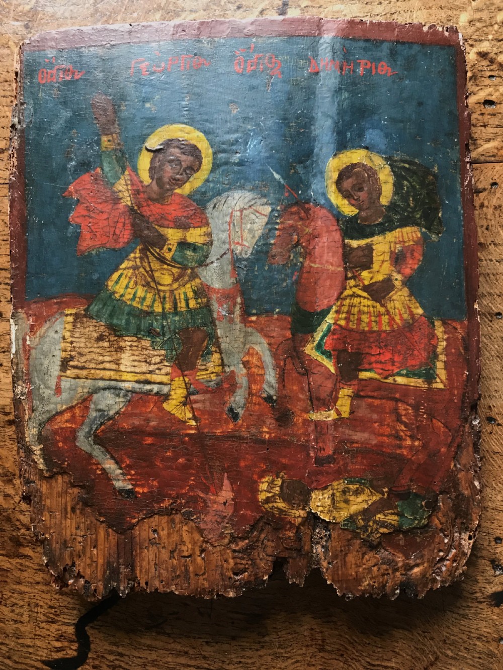 Portrait of Saints George and Demetrius, Greek Orthodox Icon c.1700.
