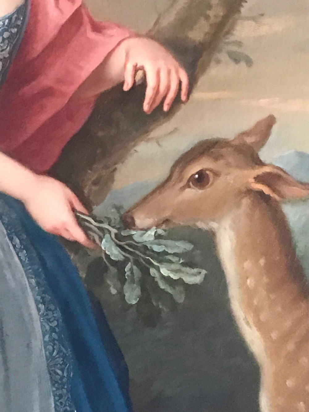 An 18th-century oil painting on canvas depicting a young girl in a blue dress and pink mantle feeding leaves to a deer, set within a carved giltwood frame. View V