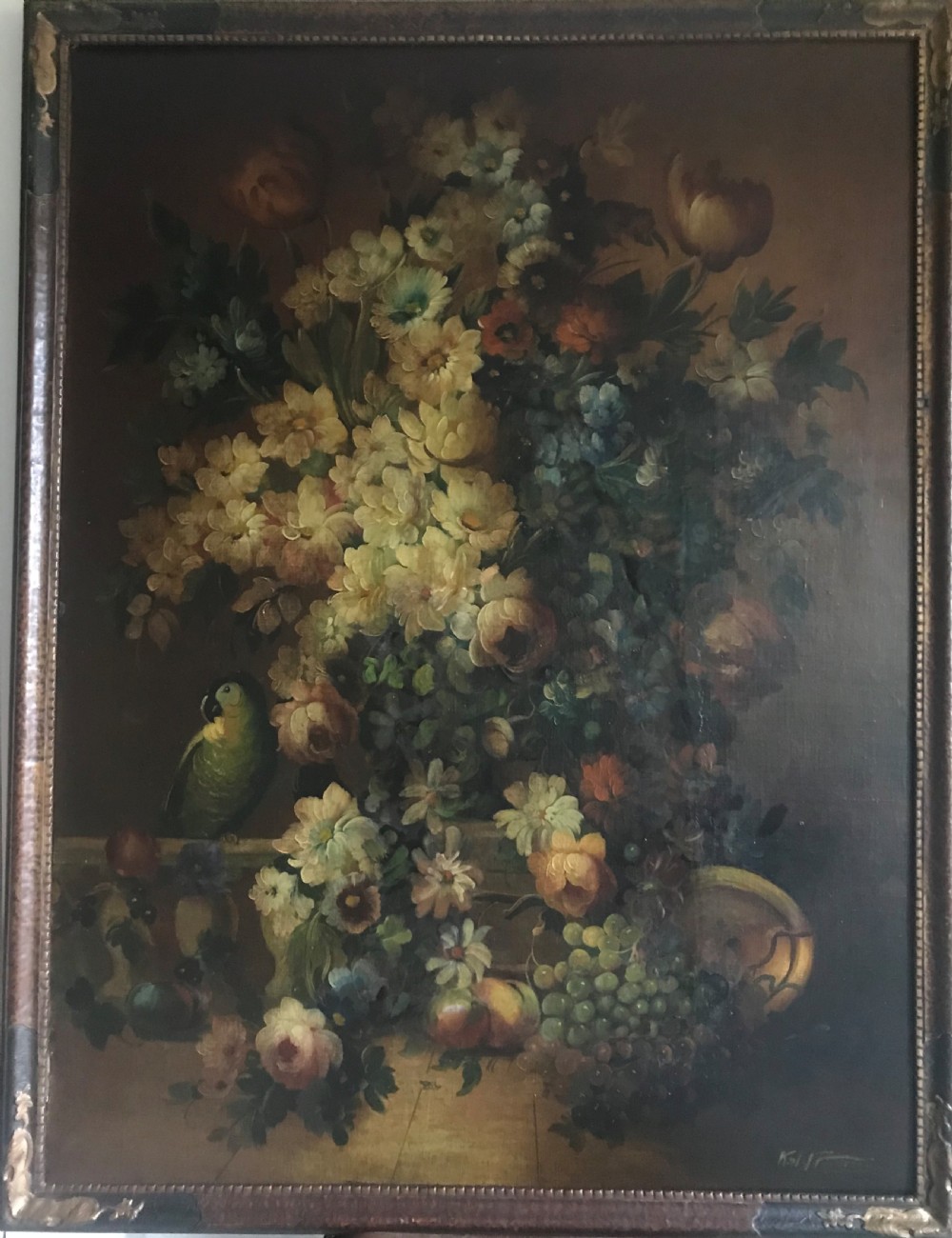 Still life of Fruit, Flowers and a Parrot, c.1880-1910.